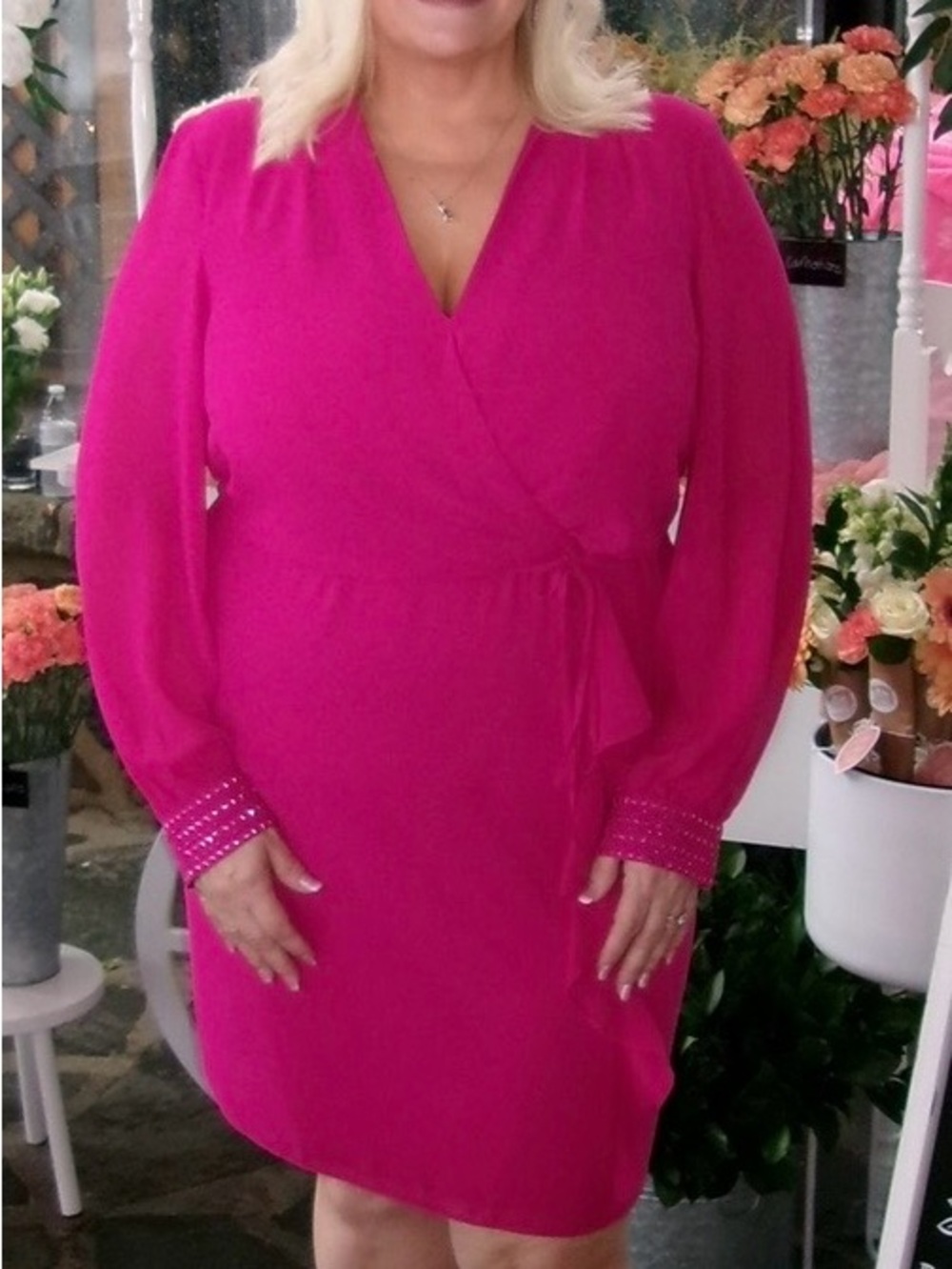 Bright Fuchsia Wrap Dress with Long Sleeves